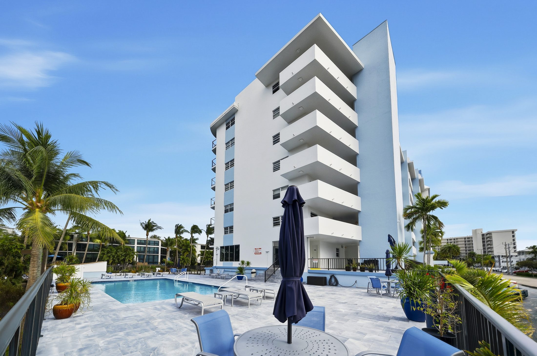 Poolside view of the building